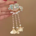 Elegant Chinese style cloisonne cloud hair clip featuring pearl tassels and flower petals - F1608 Enamel Cloud Flower-Blue