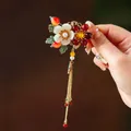 Elegant Chinese-style hair clip featuring white and red flowers with long tassels - F0358 Red & White Double Flowers