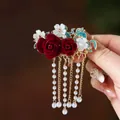Traditional Chinese style hair clip featuring red roses, blue clouds and elegant pearl tassels - F0337 Rose Tassel
