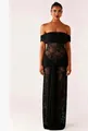 Detail of off-shoulder black lace patchwork dress with sheer floral texture and ties - Black / S