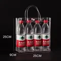 Transparent PVC gift tote bag with snap button showing capacity for four 550ml water bottles - 25x9x25cm