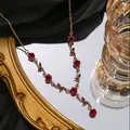 Vintage French style rose necklace with red floral charms in romantic golden setting - Red Rose Necklace (X067) / Gold/Red / 0.0