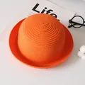 Chapeau de soleil en paille orange pour enfant avec calotte ronde et bord roulé - Orange