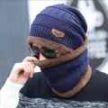 Winter set for men with dark blue fleece-lined knit beanie hat and matching neck warmer - Navy Blue