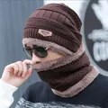 Dark brown men's winter knitted beanie hat and neck warmer set with thick fleece lining - Coffee