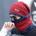 Winter wine red knitted beanie and neck warmer set with warm navy fleece lining - Burgundy