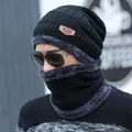 Warm black knitted winter hat and neck warmer set with thick gray fleece lining - Black