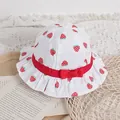 Chapeau de soleil en coton fraise pour filles avec nœud rouge et bord ondulé - 52cm / Blanc (Grand Motif)
