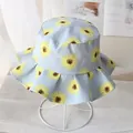 Light blue kids sun hat with yellow sunflowers and a wavy brim on a metal stand - Blue