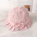 Baby girl pink lace sun hat with large bow and ruffled brim for spring and summer - One Size (44cm) / Dusty Pink