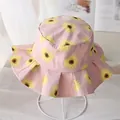 Pink sunflower printed sun hat for girls with ruffled brim and soft cotton fabric - Pink