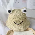 Handgemaakte beige strohoed voor kinderen met schattige kikkerogen en lachgezicht - Eén maat / Beige