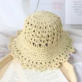 Creamy beige straw sun hat for girls with hollow weave and scalloped wavy brim - Beige