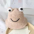 Handgemaakte strooien kikker zonnehoed voor kinderen in beige met leuke 3D-ogen - Eén maat / Roze
