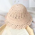 Handmade crochet beige straw sun hat for baby girls with wavy lace brim and floral design - Pink