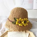 Handmade straw sun hat with yellow sunflowers and wavy brim for summer beach trips - Khaki