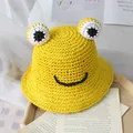 Chapeau de paille jaune grenouille pour enfants avec yeux 3D et large bord solaire - Taille unique / Jaune