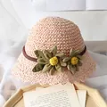 Pink orange woven straw sun hat for girls with decorative fabric sunflower accents - Pink