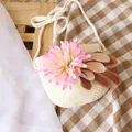 Straw flower crossbody bag for girls in cream white with pink floral decoration - One Size / Cream