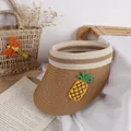 Kids open top straw sun hat in dark khaki with cute pineapple embroidery and striped band - Pineapple Decoration / Khaki