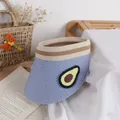 Kids light blue straw sun visor with green avocado embroidery and striped trim for summer - Avocado Decoration / Sapphire Blue