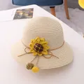Beige woven straw sun hat for girls with sunflower decoration and pompom accents - Single Hat / Beige Straw Hat
