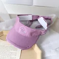 Purple kids visor hat with white smiley face embroidery and distressed brim detail - One Size / Purple