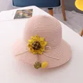 Pink woven straw sun hat for girls with decorative sunflower and small colorful charms - Single Hat / Pink Straw Hat