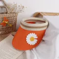 Kids orange straw sun visor with white daisy flower detail and striped woven band - Orange
