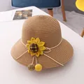 Kids woven straw sun hat in light brown with sunflower detail and pompom ties - Single Hat / Khaki Straw Hat