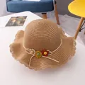 Cappello da sole per bambini in paglia marrone chiaro con piccoli fiori in maglia - Taglia Unica (50-52cm) / Cappello di Paglia Kaki