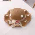 Light brown woven straw sun hat for girls with white daisy embroidery and lace brim - Khaki Straw Hat