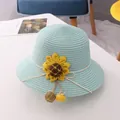 Mint green woven straw sun hat for girls with sunflower detail and decorative bow - Lake Blue Straw Hat