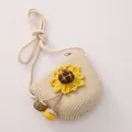Kids beige straw crossbody bag featuring a bright yellow sunflower and braided rope strap - Beige Bag