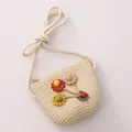 Kids beige straw crossbody bag with daisy flowers and ladybug detail for summer travel - Beige Bag