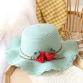 Mint green straw sun hat for children featuring cute red strawberries and wavy brim - One Size / Lake Blue Straw Hat