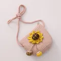 Pink woven straw crossbody bag for girls featuring a sunflower design and zip closure - Pink Bag