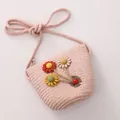 Pink woven straw shoulder bag for children featuring cute colorful flower decorations - Pink Bag