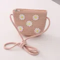Borsa a tracolla in paglia rosa per bambini con ricami a margherita e cerniera lampo - Borsa Rosa