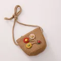 Kids woven straw crossbody bag with colorful crochet flowers and a cute ladybug decor - Khaki Bag