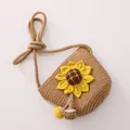 Kids woven sunflower crossbody bag in light brown straw with decorative rope strap - Khaki Bag