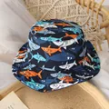 Navy blue kids sun hat with cartoon shark print on a cork tray for spring - 48cm / Black Shark