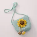 Kids woven mint green sunflower crossbody straw bag with decorative yellow tassels - Lake Blue Bag
