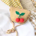 Kids natural straw crossbody bag with handmade red cherry crochet design for summer - Crossbody Bag / Khaki