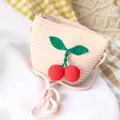 Pink hand-woven mini crossbody bag for kids with 3D red cherry crochet details - Crossbody Bag / Pink