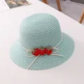 Chapeau de soleil en paille bleu menthe pour enfant avec fraises 3D et cordon beige - Taille unique / Chapeau de Paille Bleu Lac