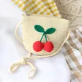 Kids handmade straw crossbody bag with red crochet cherry decor and zipper - Crossbody Bag / Beige