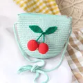 Cute mint green straw crossbody bag for kids with 3D cherry accents for summer - Crossbody Bag / Lake Blue