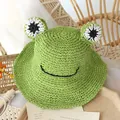 Cappello di paglia a forma di rana verde per bambini, fatto a mano e traspirante con parasole - Taglia unica / Verde