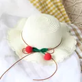 Creamy white hand-woven straw sun hat for children with knitted cherry decoration - Straw Hat / Milk White